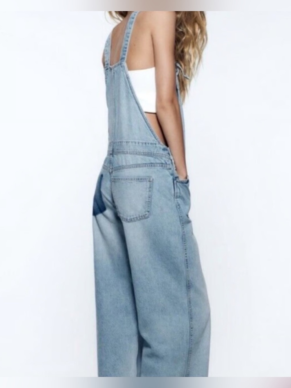 ZARA Light Wash Denim Wide Leg Overalls - Size L